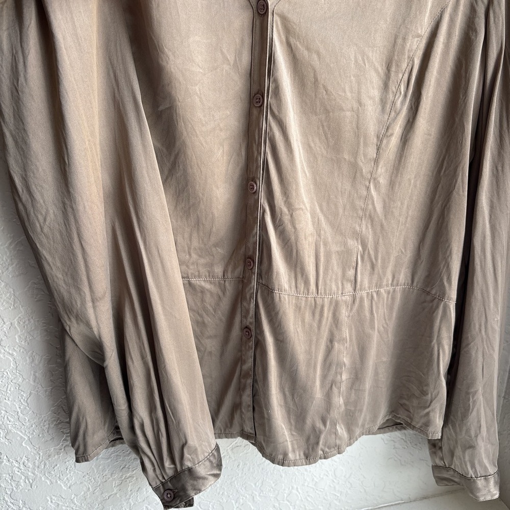 Semantiks Silk Blend Women XL Button Up Shirt Taupe Brown Long Sleeve Stretch - Picture 3 of 10